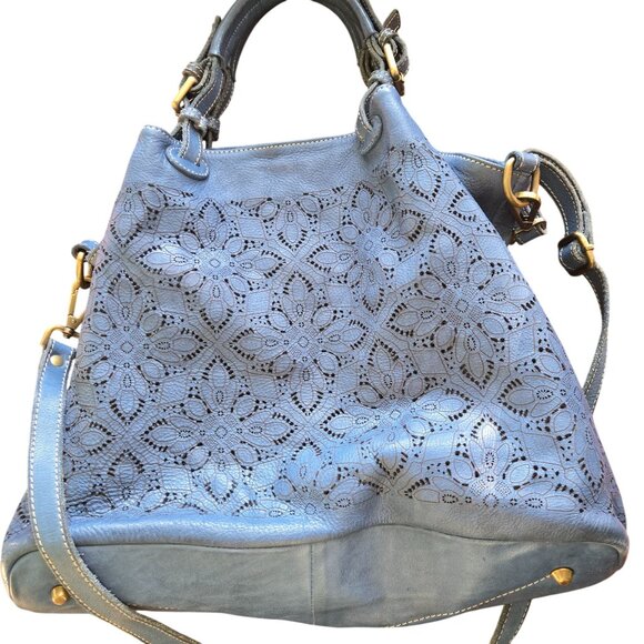 Sundance Medeira Blue Laser Cut Leather Shoulder Bag Satchel Double Top Handle - Picture 2 of 8